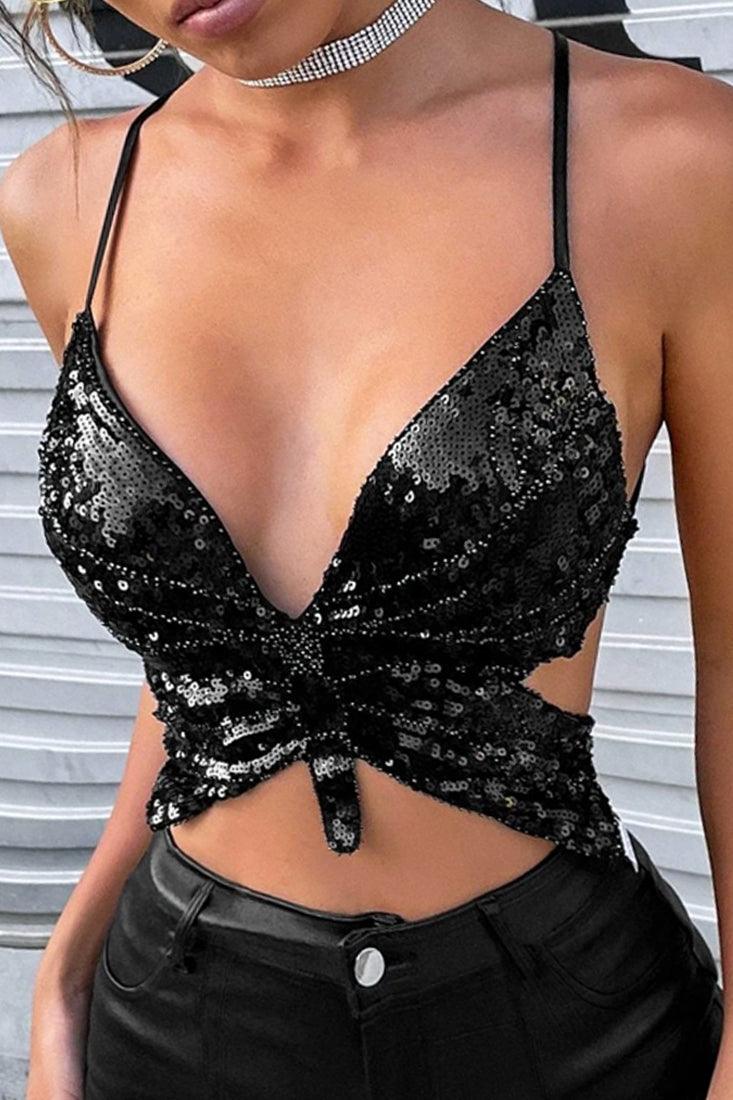 Black Butterfly Sequin Sexy Backless Crop Top - AMIClubwear