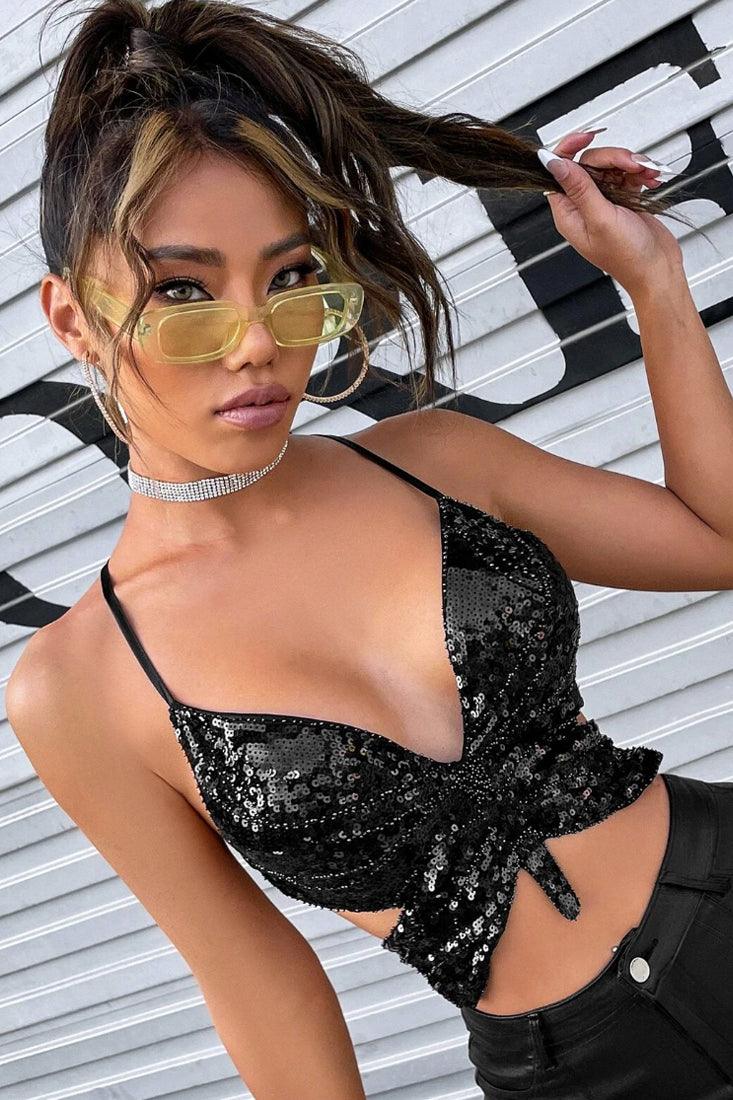 Black Butterfly Sequin Sexy Backless Crop Top - AMIClubwear