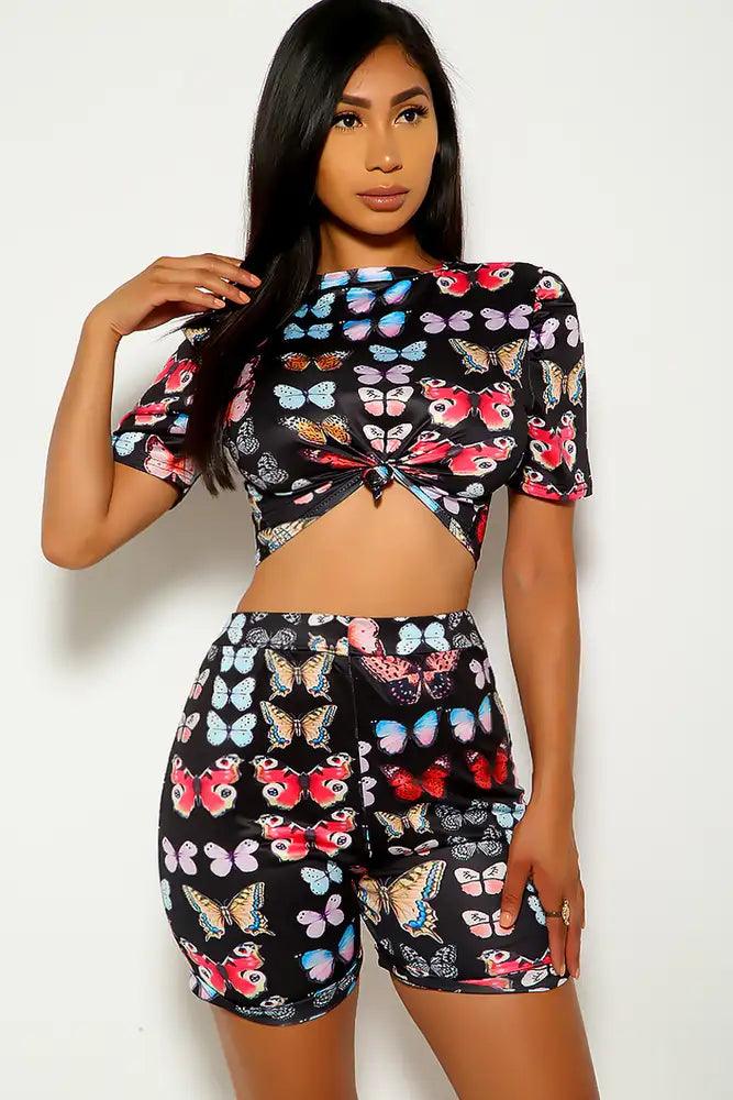 Black Butterfly Short Sleeve Two Piece Outfit - AMIClubwear