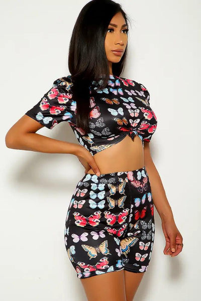 Black Butterfly Short Sleeve Two Piece Outfit - AMIClubwear