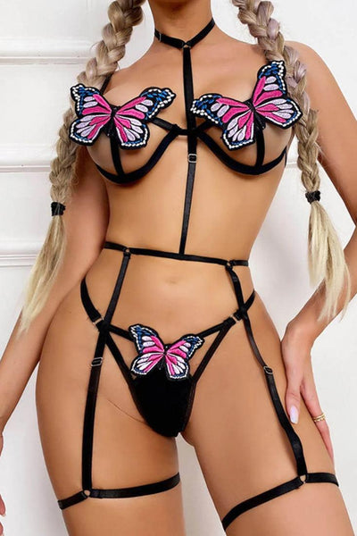 Black Butterfly Strappy Caged Gartered Thong Two Piece Lingerie - AMIClubwear