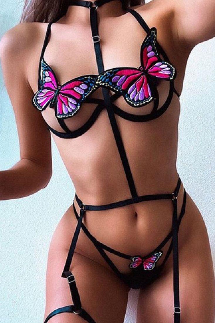 Black Butterfly Strappy Caged Gartered Thong Two Piece Lingerie - AMIClubwear