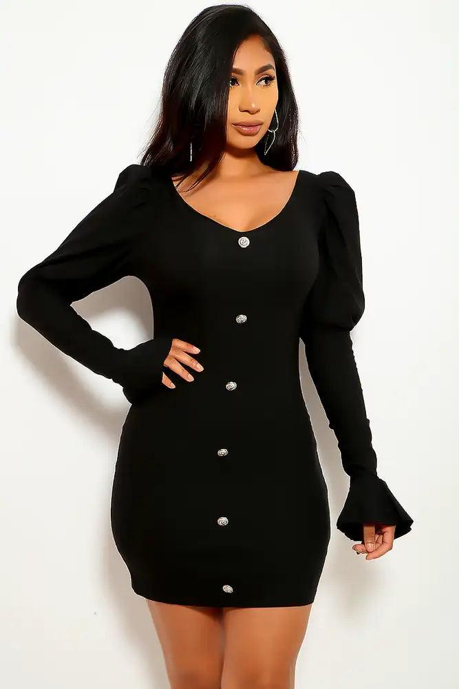 Black Button Accent Party Dress - AMIClubwear