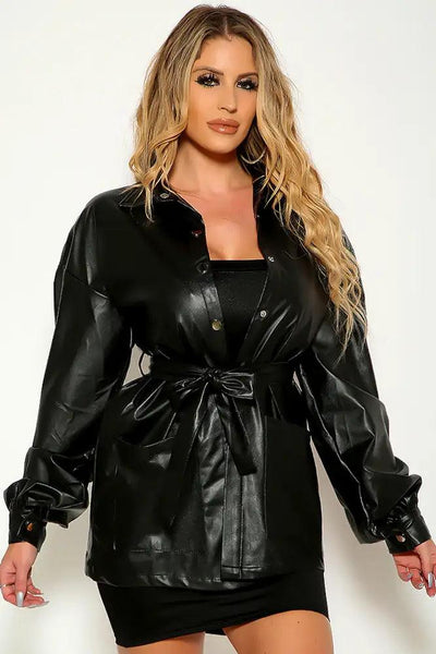 Black Button up Long Sleeve Faux Leather Belted Jacket - AMIClubwear