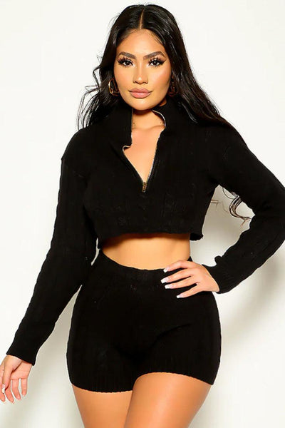 Black Cable Knit Lounge Sexy 2 Pc Sweater Outfit - AMIClubwear