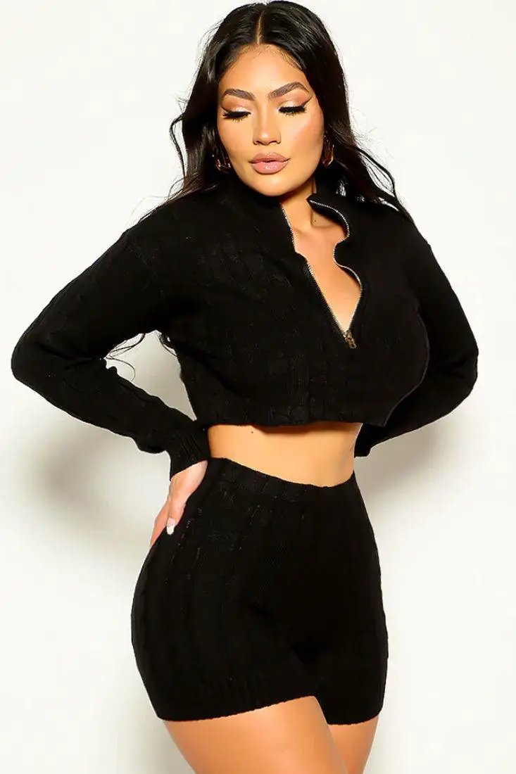 Black Cable Knit Lounge Sexy 2 Pc Sweater Outfit