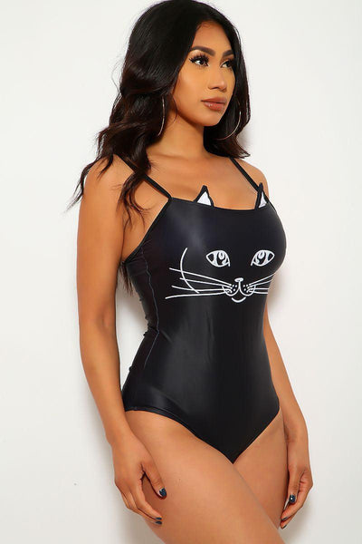 Black Cat Print One Piece Swimsuit - AMIClubwear