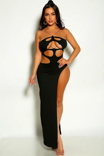 Black Celebrity Style Halter Cut Out Side Slit Maxi Party Dress - AMIClubwear