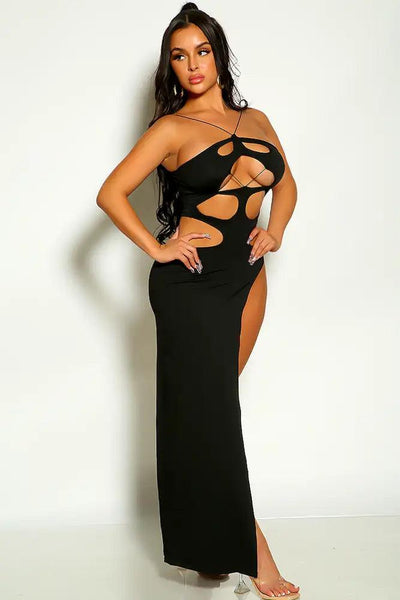 Black Celebrity Style Halter Cut Out Side Slit Maxi Party Dress - AMIClubwear