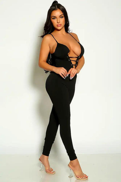 Black Celebrity Style Sleeveless Lace Up Ribbed Fitted Jumpsuit - AMIClubwear