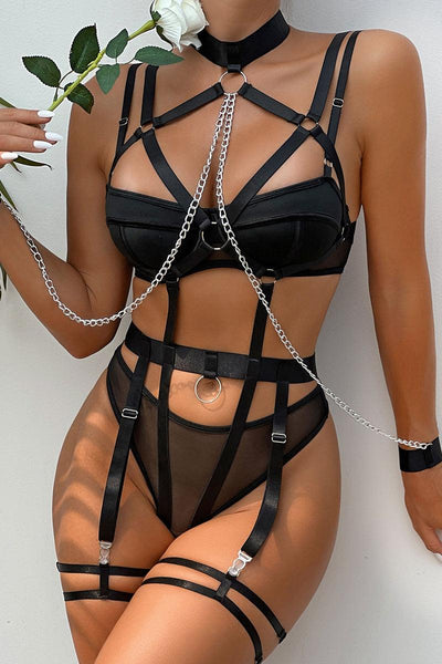 Black Chain Linked Detail Mesh Harness Lingerie Set - AMIClubwear