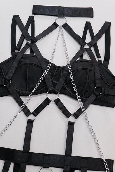 Black Chain Linked Detail Mesh Harness Lingerie Set - AMIClubwear