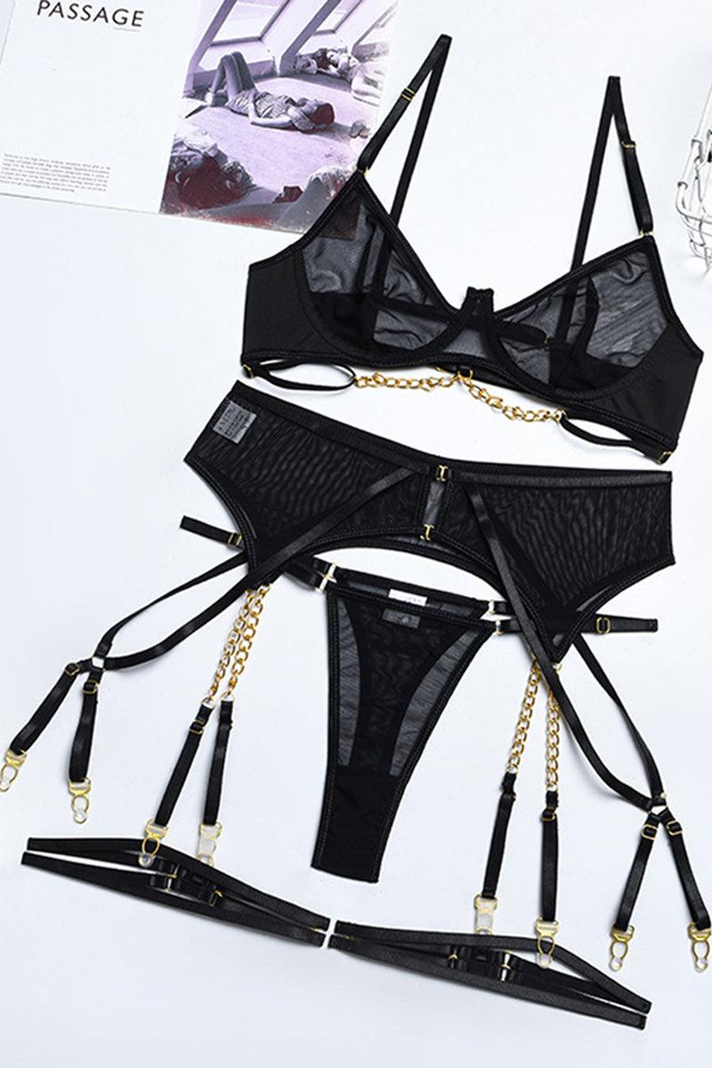 Sexy Black Satin Lingerie Set With Gold Garter Chains – AMIClubwear
