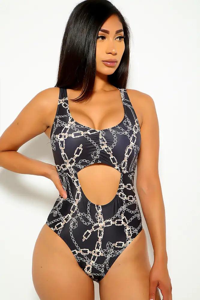 Black Chain Print One Piece Swimsuit - AMIClubwear