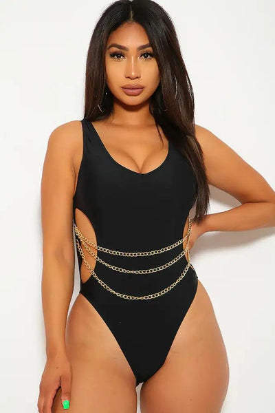 Black Chained Cheeky One Piece Swimsuit - AMIClubwear