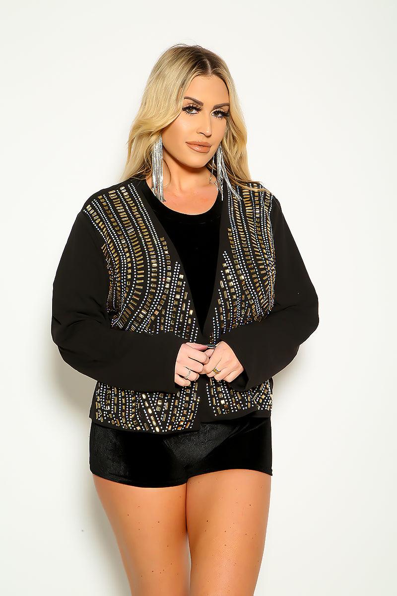 Black Charmed Rhinestone Long Sleeve Blazer Jacket - AMIClubwear