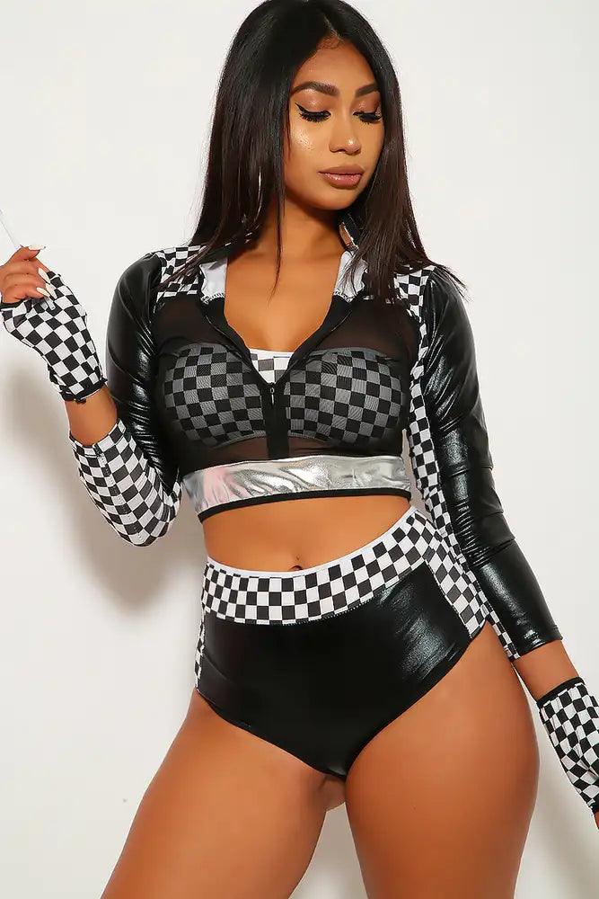 Black Checker Print Racer 4PC Sexy Halloween Costume - AMIClubwear