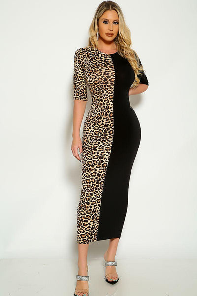 Black Cheetah Print Quarter Sleeve Midi Party Dress - AMIClubwear