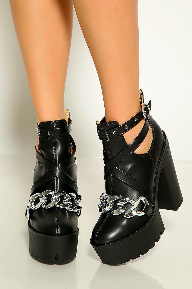 Black Chunky Chain High Heel Ankle Booties - AMIClubwear