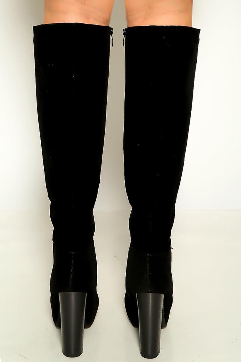Black Chunky Heel Side Zipper Thigh High Boots - AMIClubwear