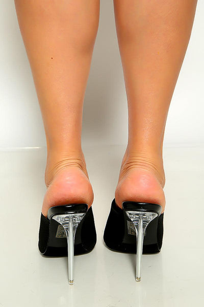 Black Clear Open Toe Fabric Slip On High Heel Mules - AMIClubwear