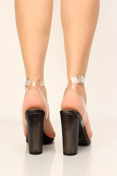 Black Clear Strappy Chunky High Heels - AMIClubwear