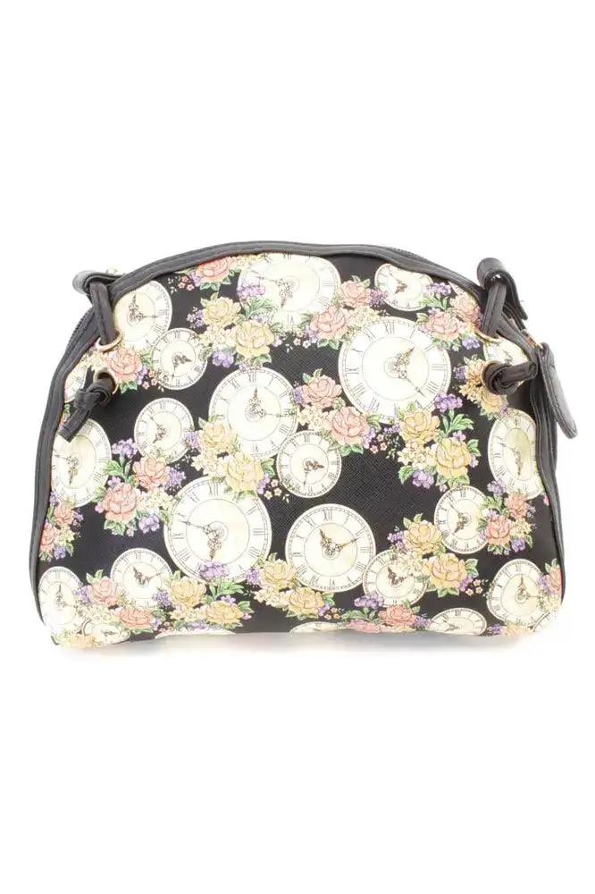 Black Clock Print Mini Faux Leather Handbag