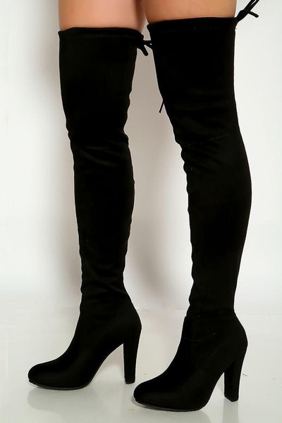 Black Closed toe Chunky High Heels Thigh High Boots - AMIClubwear