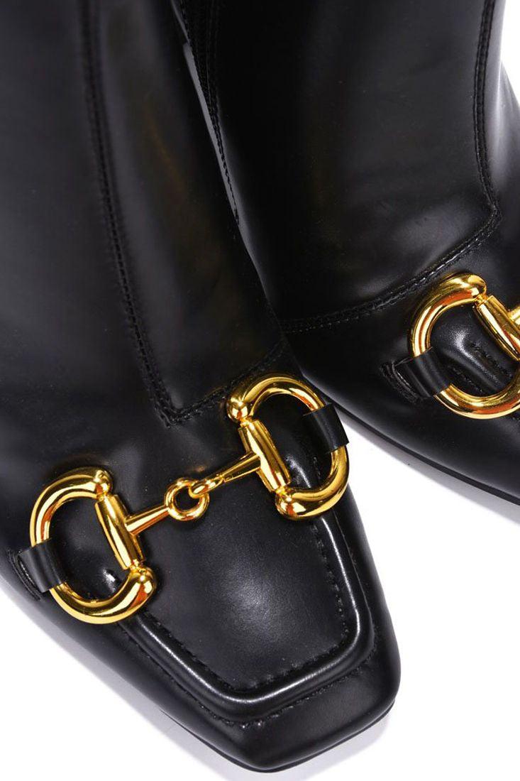 Black Closed Toe High Polish Chain Link Block Heel Booties - AMIClubwear