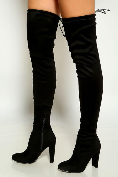 Black Closed Toe Thigh High Chunky Heel Boots Faux Suede - AMIClubwear