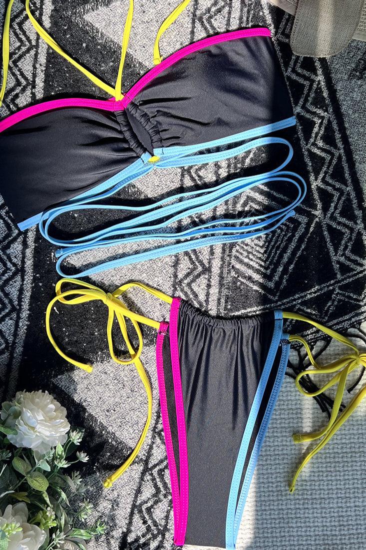 Black Colorful Strappy Halter Cheeky 2 Pc Bikini Set - AMIClubwear
