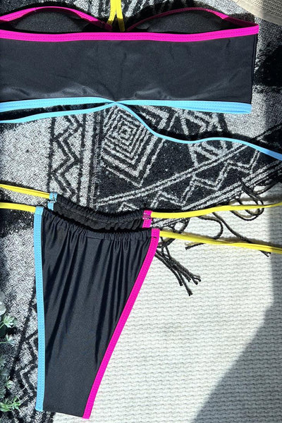 Black Colorful Strappy Halter Cheeky 2 Pc Bikini Set - AMIClubwear