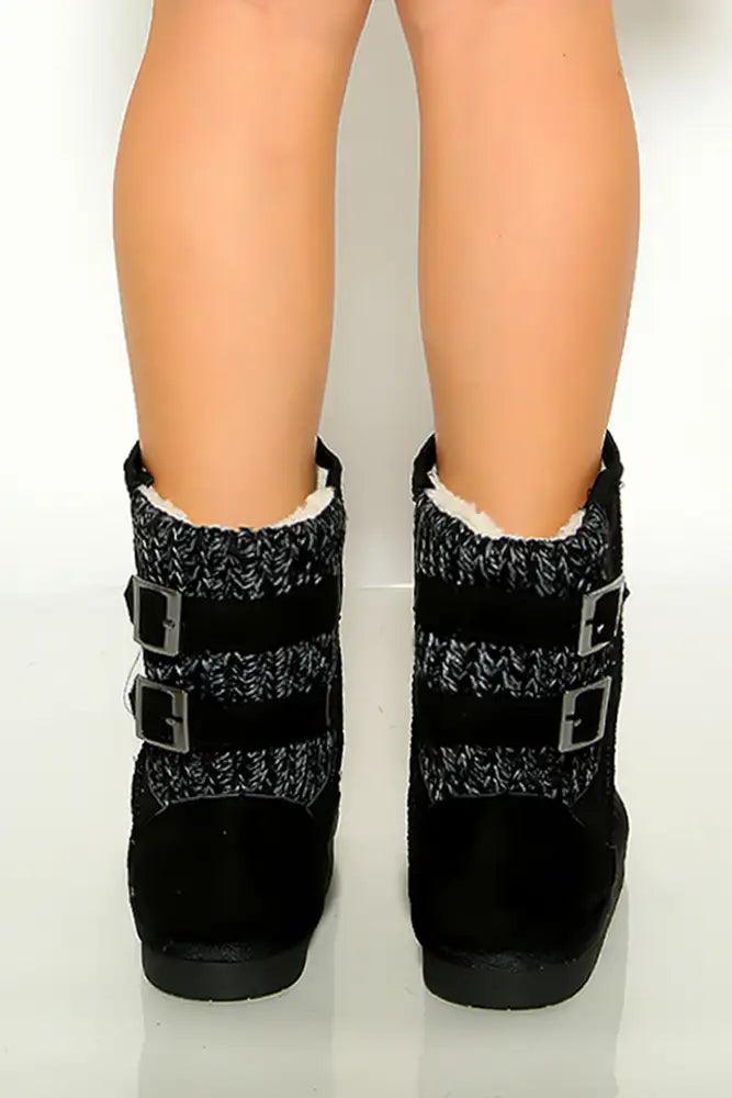 Black Cozy Inner Faux Fur Back Buckle Boots - AMIClubwear