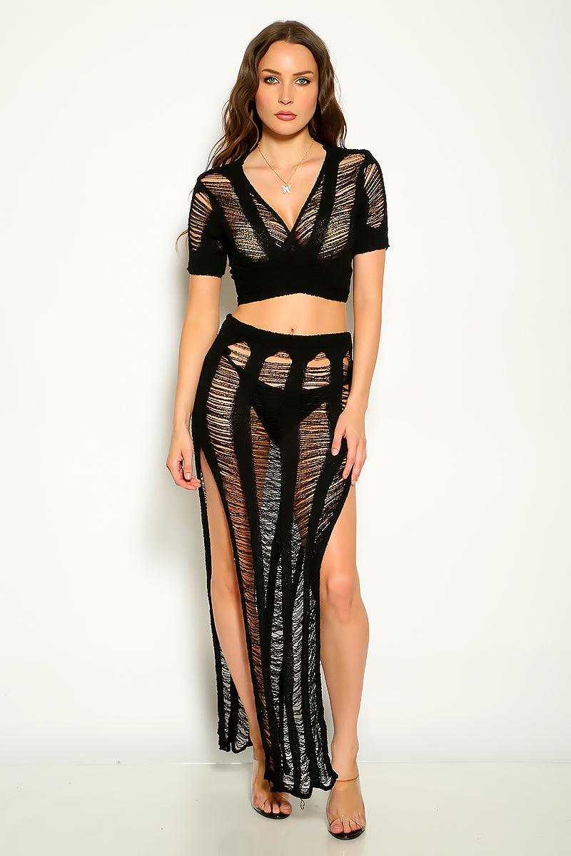 Black Crochet Short Sleeve High Slit Two Piece Sexy Dress - AMIClubwear