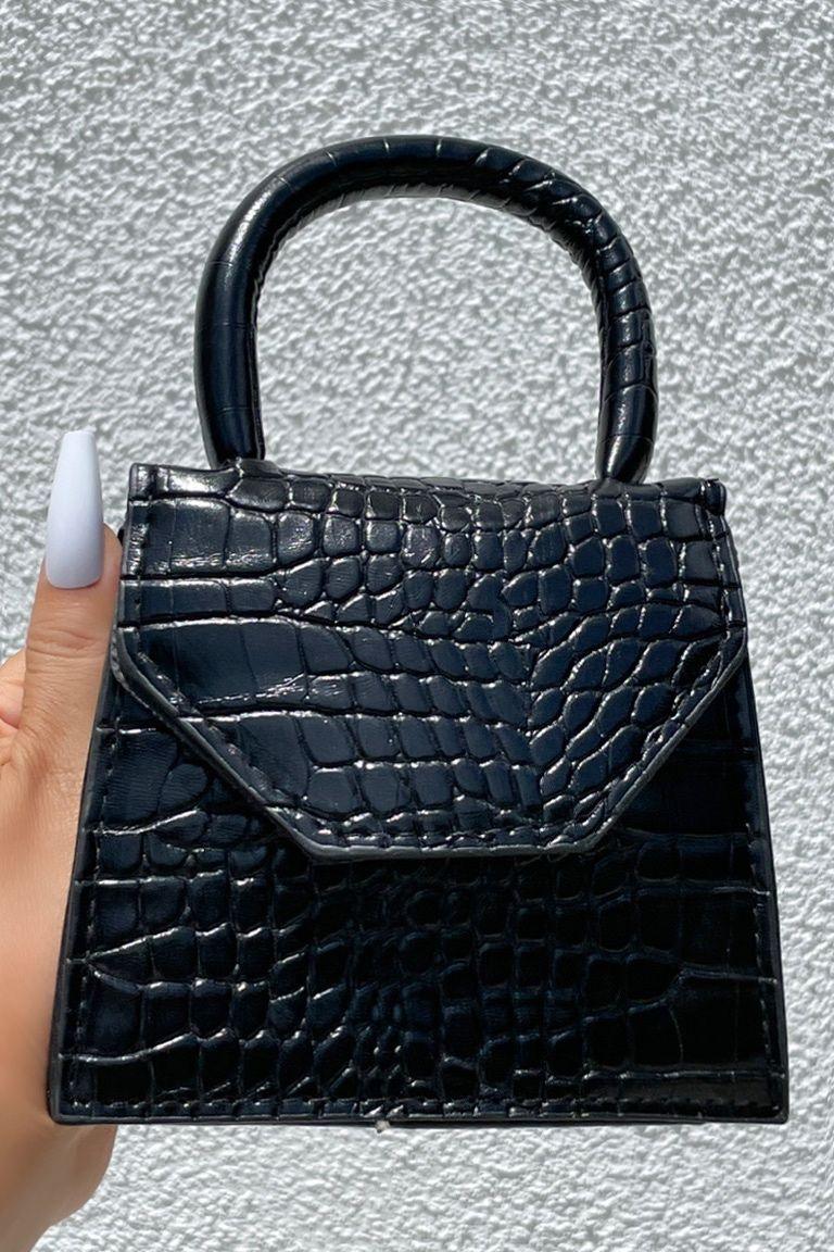 Black Crocodile Embossed Flap Satchel Handbag - AMIClubwear