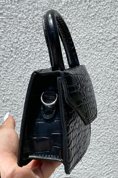 Black Crocodile Embossed Flap Satchel Handbag - AMIClubwear