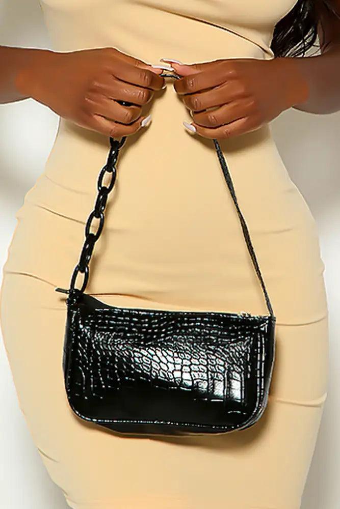 Black Crocodile Print Chain Shoulder Handbag - AMIClubwear