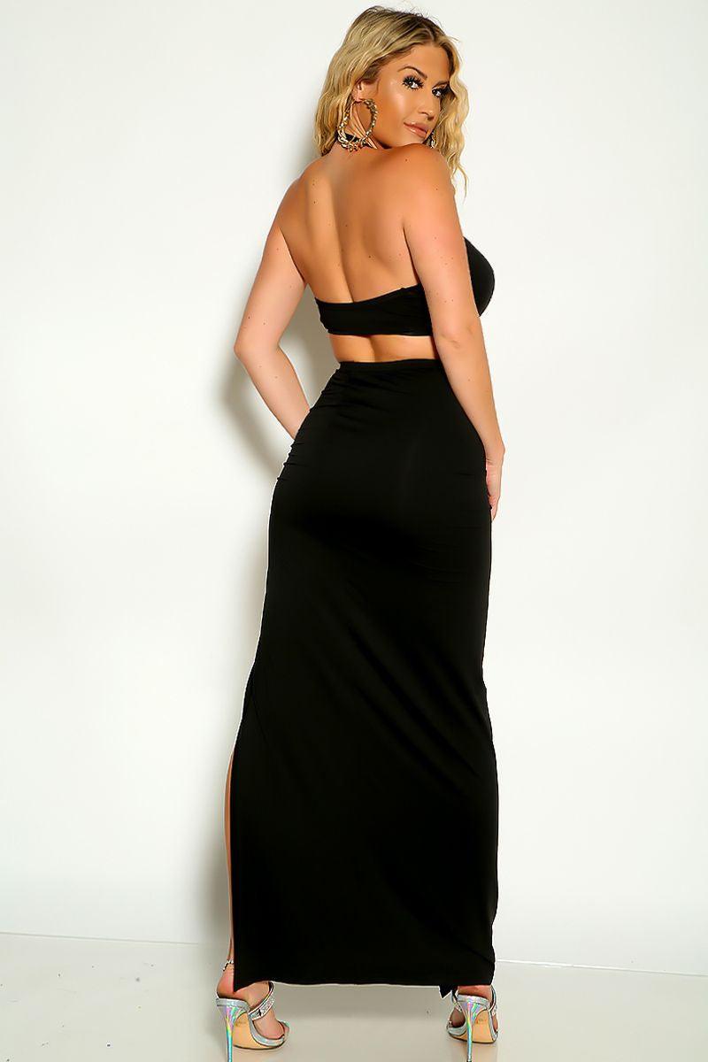 Black Cross Halter O-Ring Detail Side Slit Ruched Maxi Two Piece Dress - AMIClubwear