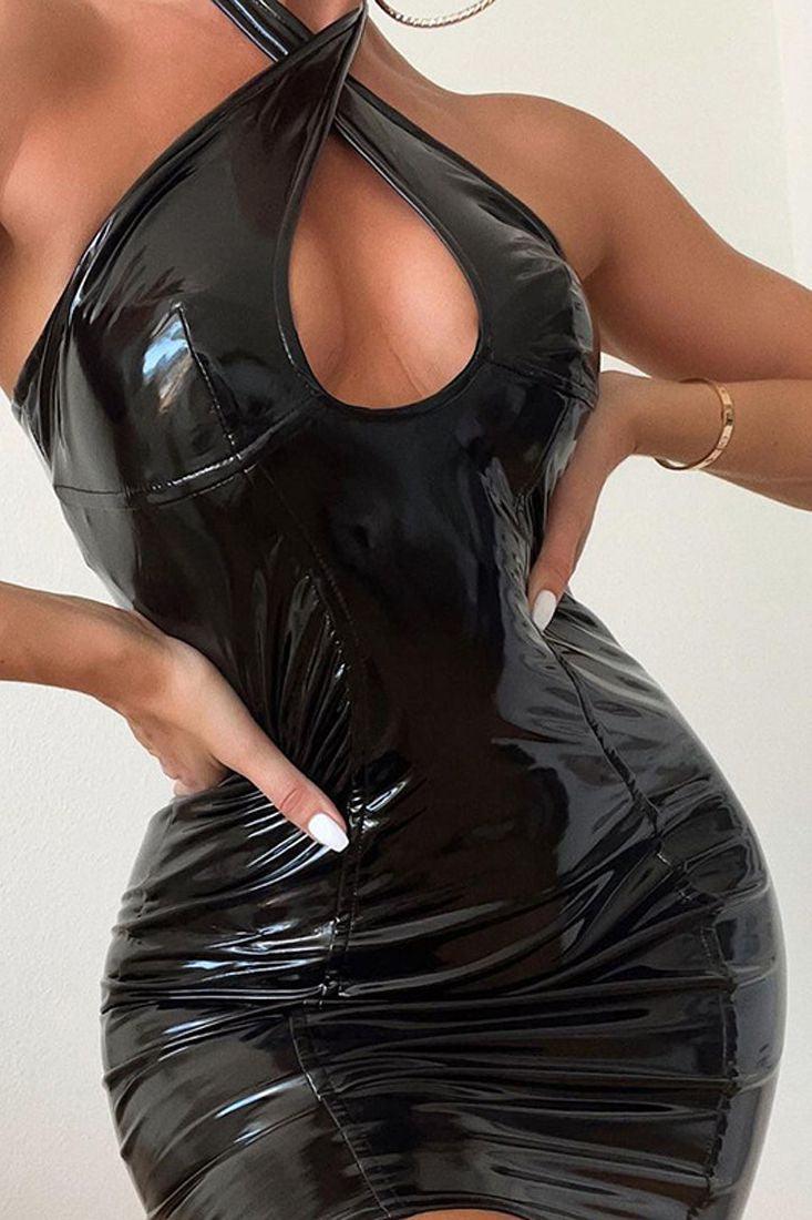 Black Cross Halter Patent Leather Sexy Party Dress - AMIClubwear