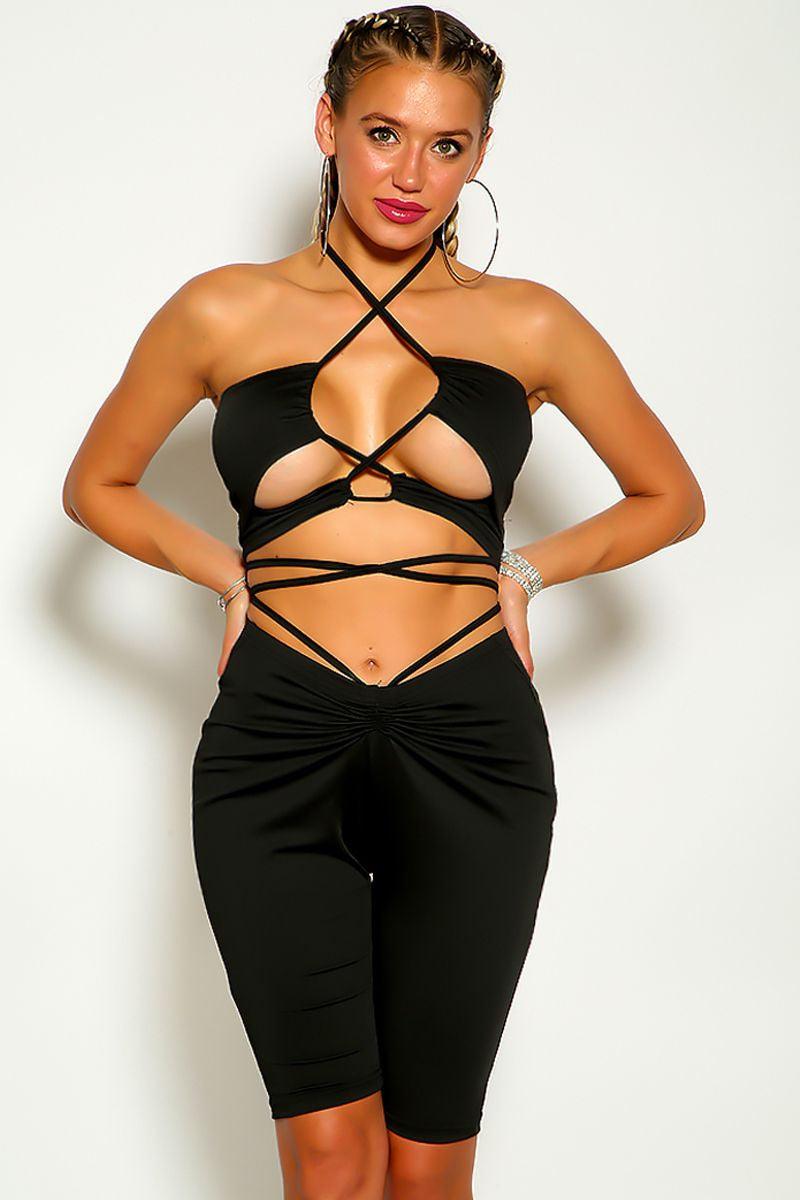 Black Cross Strappy Wrap Around Two Piece Shorts Outfit - AMIClubwear