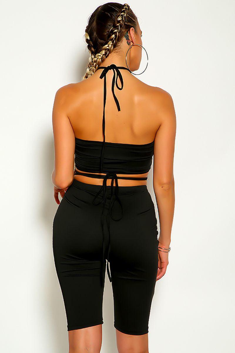 Black Cross Strappy Wrap Around Two Piece Shorts Outfit - AMIClubwear