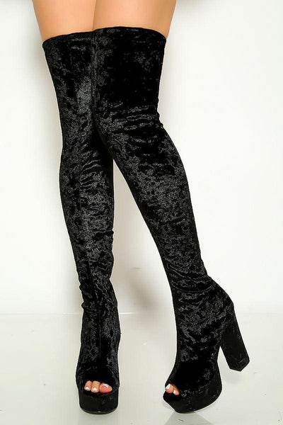 Black Crushed Velvet Peep Toe Platform Chunky Heels Thigh High Boots - AMIClubwear