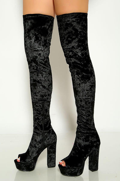 Black Crushed Velvet Peep Toe Platform Chunky Heels Thigh High Boots - AMIClubwear