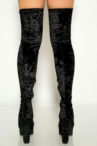 Black Crushed Velvet Peep Toe Platform Chunky Heels Thigh High Boots - AMIClubwear