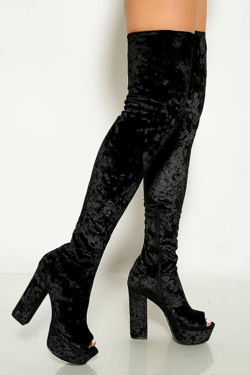 Black Crushed Velvet Peep Toe Platform Chunky Heels Thigh High Boots - AMIClubwear