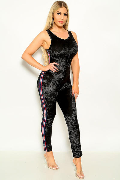 Black Crushed Velvet Striped Sexy Jumpsuit - AMIClubwear