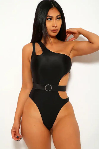 Black Cut Out Belted One Piece Swimsuit - AMIClubwear