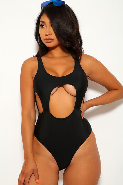 Black Cut Out Cheeky One Piece Swimsuit - AMIClubwear
