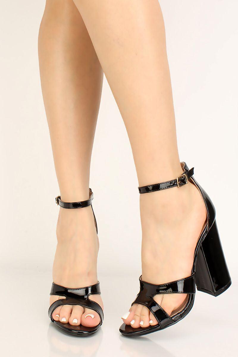 Black Cut Out Faux Leather Chunky Heels - AMIClubwear