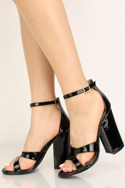 Black Cut Out Faux Leather Chunky Heels - AMIClubwear